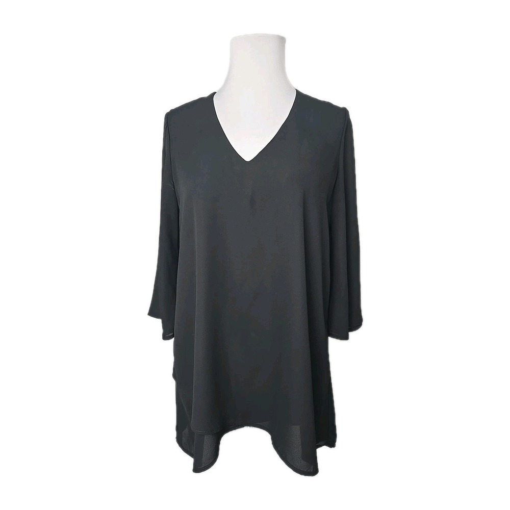 CHELSEA & THEODORE Black Chiffon 3/4 Bell Sleeve Blouse Tunic Top Size SMALL S